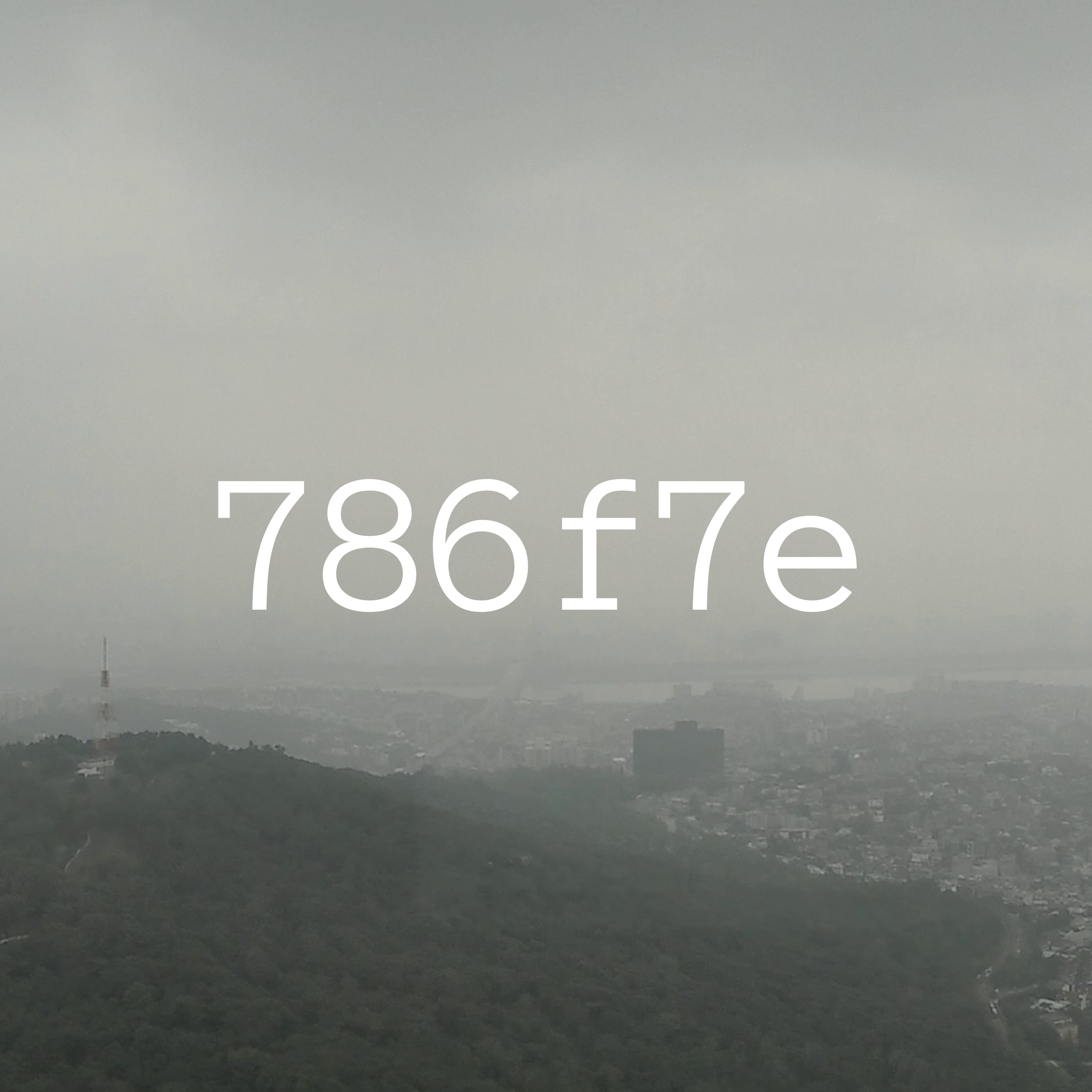 The cover art for tessellated landscape, which is a picture of a skyline of a South Korean city during foggy weather. The text 786f7e is overlaid ontop.