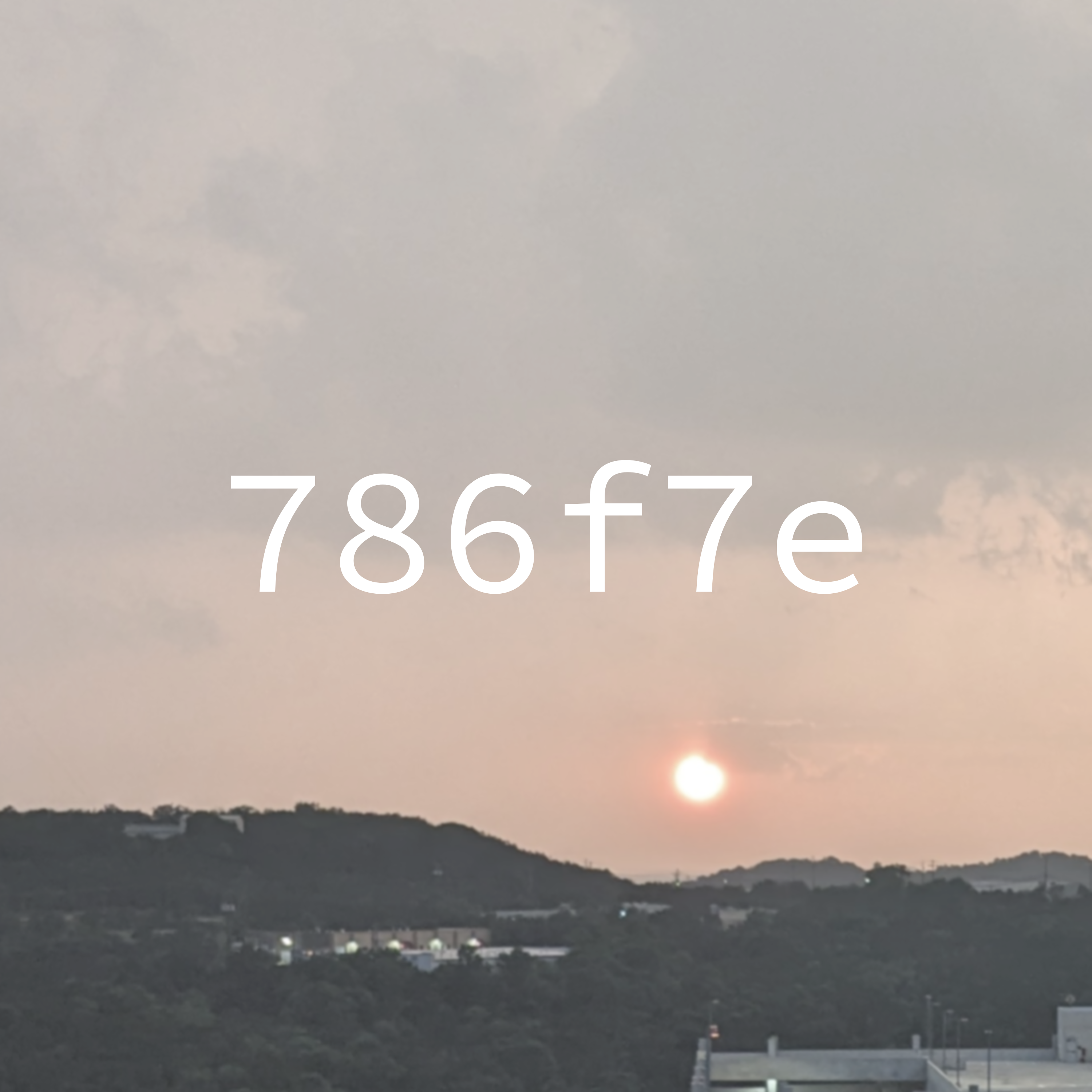 The cover art for bittersweet, which is a picture of a sun setting over forested hills. The text 786f7e is overlaid ontop.