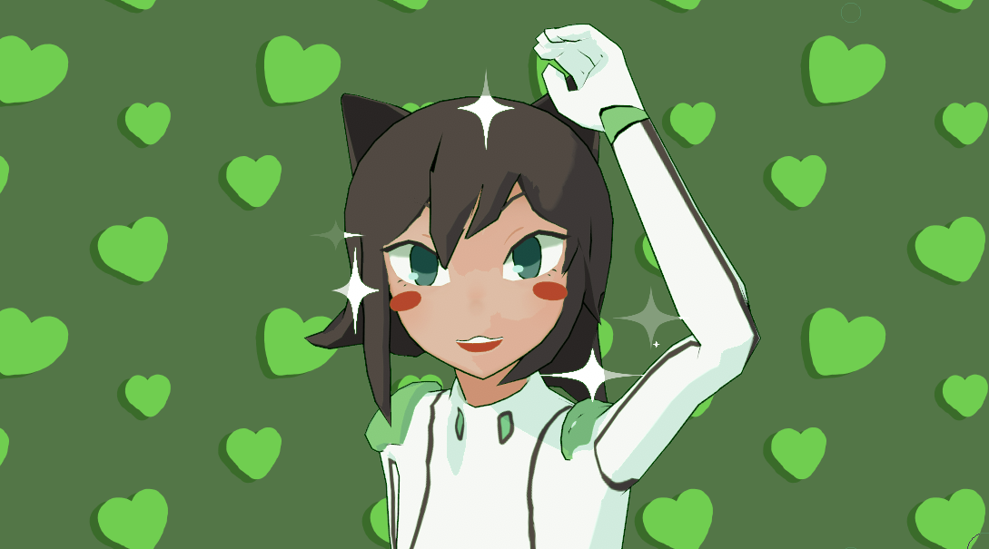 exodrifter's catgirl vtuber avatar looking at the camera surrounded by sparkles on a background of repeating green hearts.