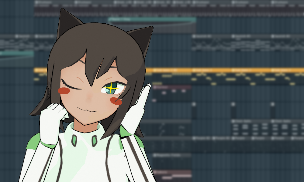 exodrifter winking, with a star in the open eye, ontop of a blurred background of an fl studio project