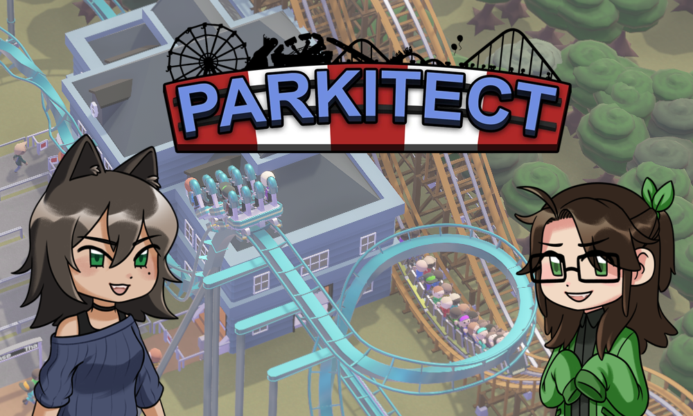 a screenshot of a parkitect map picturing two roller coaster with the png avatars of exodrifter on the left and shia on the right