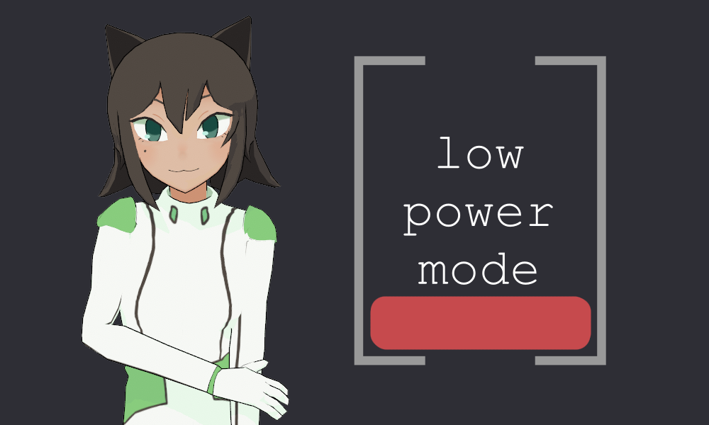 exodrifter's vtuber catgirl model next to the text "low power mode" which is overlaid ontop of a low battery symbol.