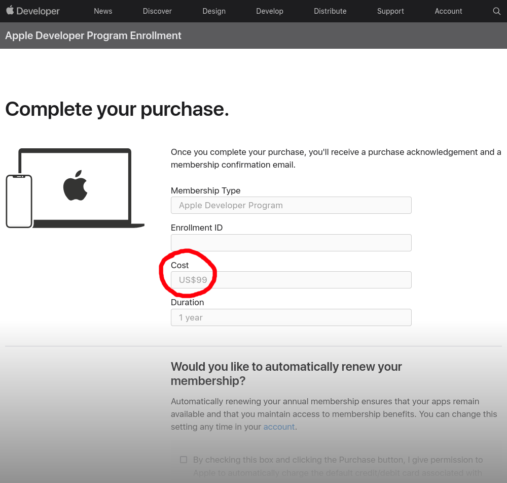 the last step in the apple developer program enrollment process, which asks the user to purchase membership for 99 USD per year