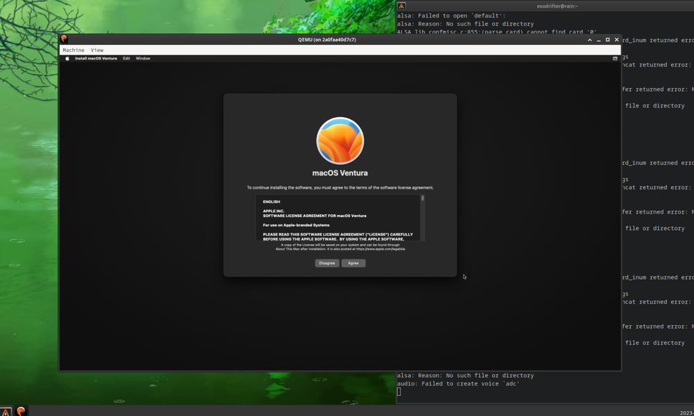 a screenshot of macOS Ventura running on Linux using Docker/QEMU