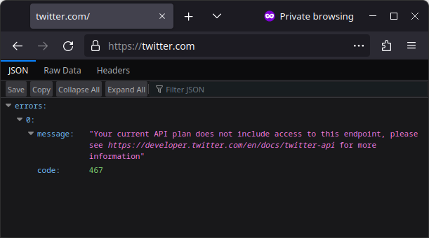 A web browser with twitter.com in the URL bar, where the body reads "Your current API plan does not include access to this endpoint, please see https://developer.twitter.com/en/docs/twitter-api for more information"