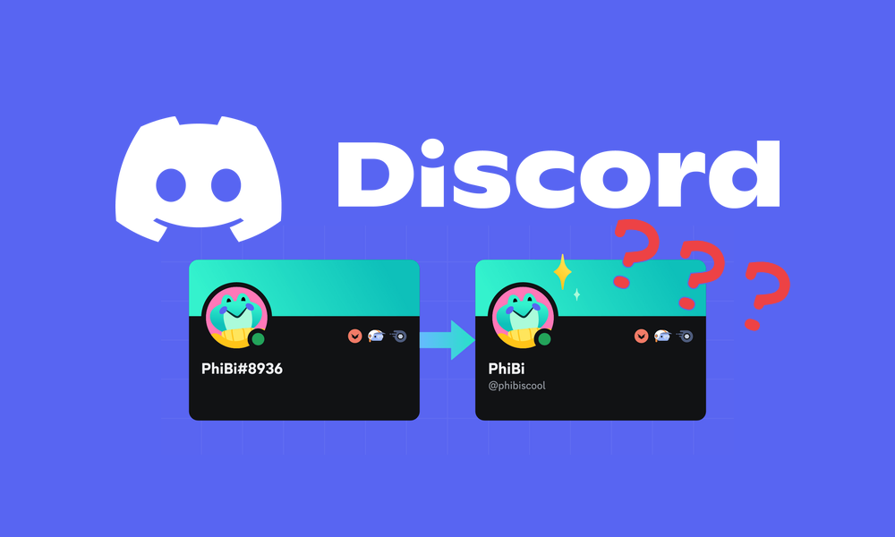 Discord's logo with an example of the proposed username change underneath, which shows the username "PhiBi#8936" changing to the display name "PhiBi" and username "@phibiscool", defaced by the author with three red question marks.