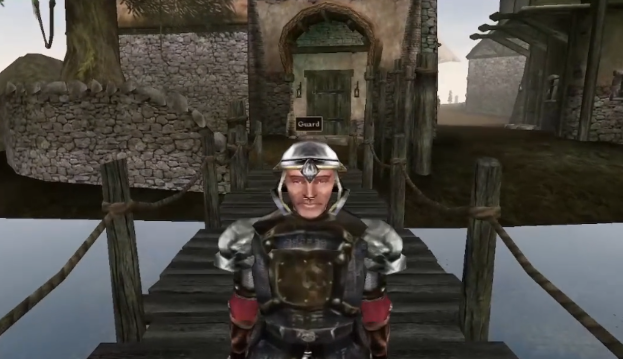 a screenshot of the beginning of morrowind, after you step off the boat and face an armored guard on the docks