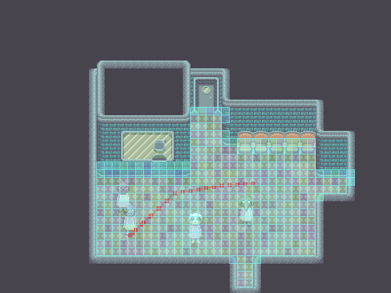 The visualization of a navmesh in Godot. Each floor tile in the tilemap has a corresponding navmesh square assigned to it. There's a red line indicating the path a character is taking across the tilemap, but it's not straight. Instead, it goes mostly left and the mostly down.