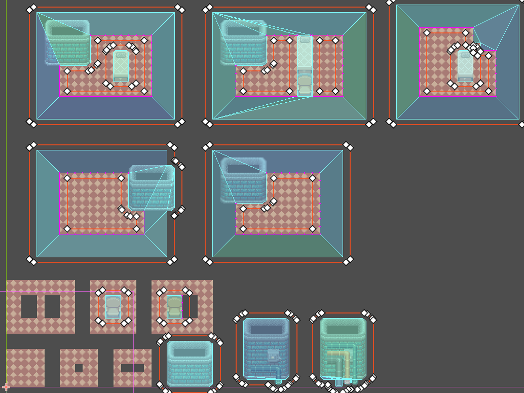 A screenshot of the same navigation map cases. In each case, the navmesh shows a slightly larger simplified collision polygon for each wall and furnishing and smaller hole polygons. Some of the polygons intersect.