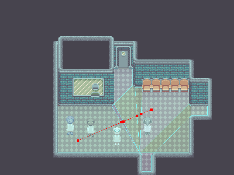 The visualization of a navmesh in Godot. A navmesh has been custom drawn over the entire floor, so now there are less navmesh polygons and they are bigger. There's a red line indicating the path a character is taking across the tilemap, and it goes straight diagonally from start to finish.