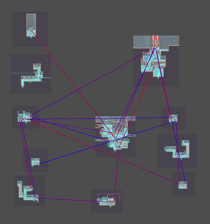 A screenshot of the map of several discrete 2D rooms, which has several overlapping lines colored with a gradient from red to blue indicating the path every character will take during the game.