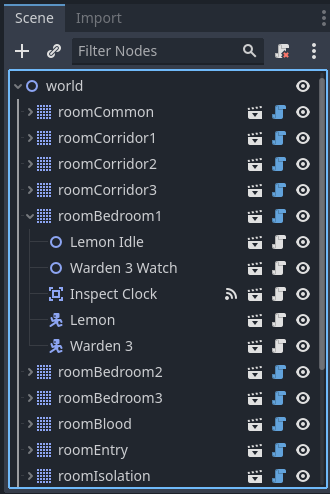 The hierarchy view, which has an open node at world > roomBedroom1 that contains several nodes Lemon Idle, Warden 3 Watch, Inspect Clock, Lemon, and Warden 3