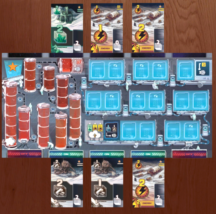 The initial player board setup after the first planning phase. Above the player board, there are three discard piles containing in order from left to right a Mineral 2, an Energy 1, and then an Energy 2 card. Below the player board, there are three cards: Titanium 2, Titanium 1, and an Energy 2 card.