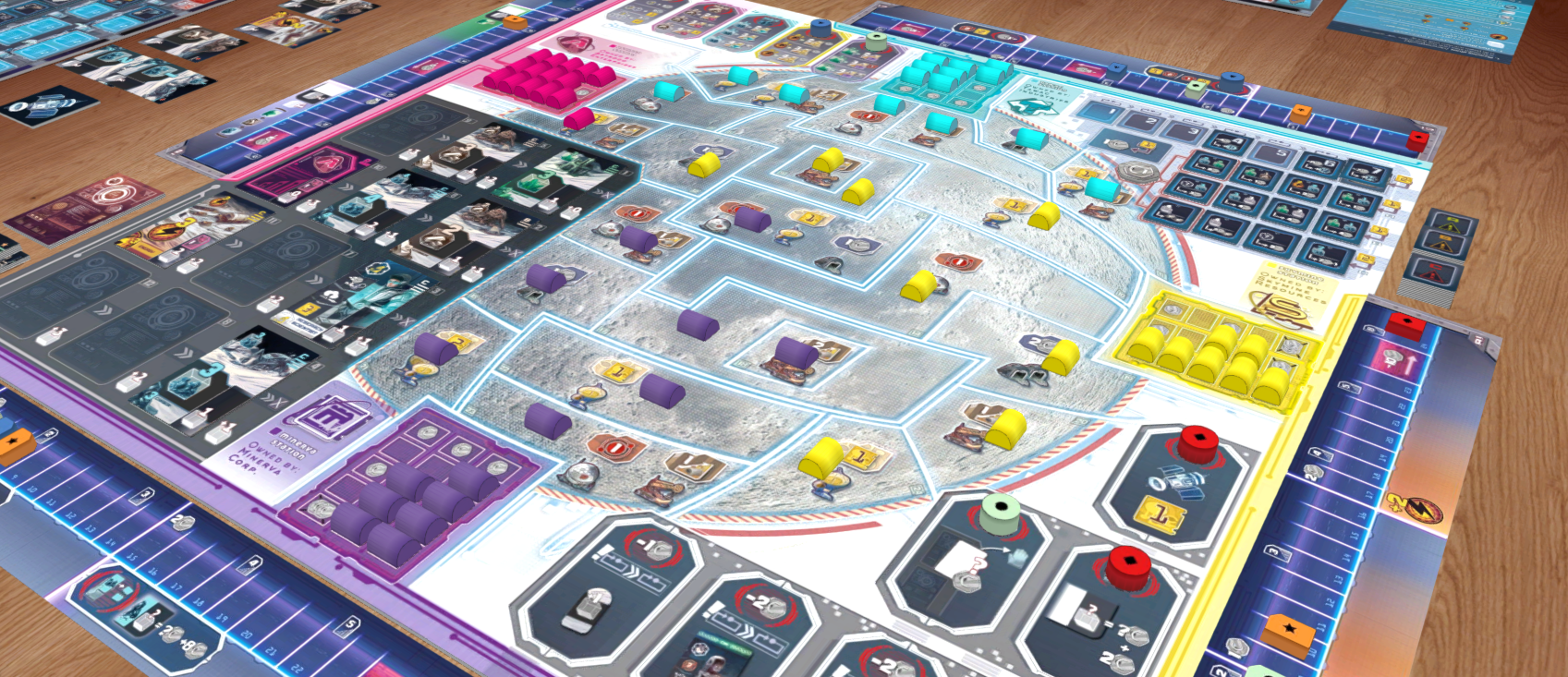 A Skymines game at its conclusion. Three of the four companies, Tawac, Skymine, and Minerva, have expanded significantly over the surface of the moon and the remaining company, Astrogo, has only one mining outpost. Several cards are missing from the card and tech tile display, and the various company stock trackers have markers on them denoting how much stock each player owns in that company.