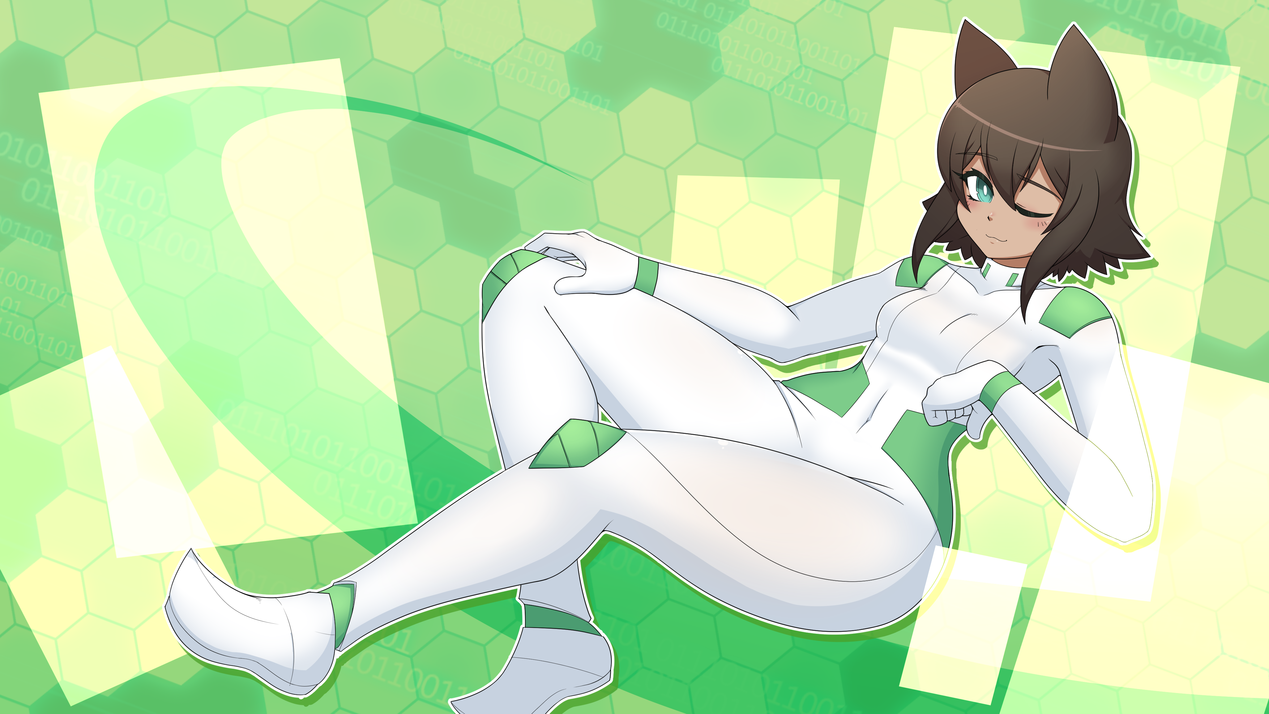 A drawing of a catgirl with brown hair wearing a white bodysuit with green accents reclining in a sitting position, one leg out and another bent. The background is a pattern of hexagons and transparent white rectangles in the foreground, with a darker green arc in the middle.