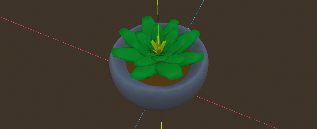 A green succulent in Godot with a yellow flower sitting in a round grey flowerpot filled with brown dirt.