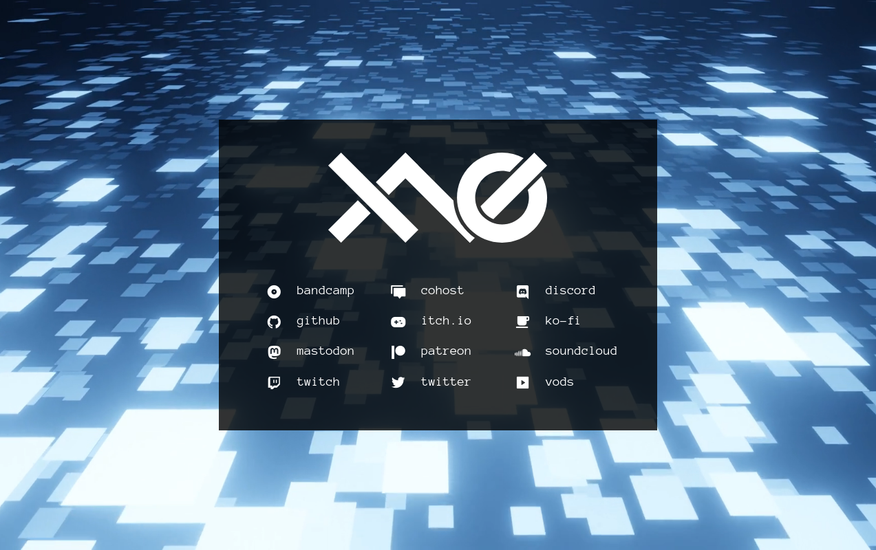 A blue background with glowing squares fading into the distance with a black, slightly transparent box ontop. It has the exodrifter logo followed by buttons arranged in a 3x4 grid, with links to bandcamp, cohost, discord, github, itch.io, ko-fi, mastodon, patreon, soundcloud, twitch, twitter, and vods from left to right, then top to bottom.