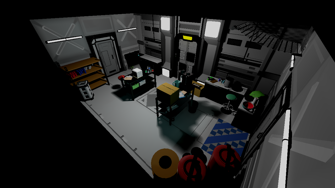 The kitchen level in lost contact, which is not very bright and has dark shadows.