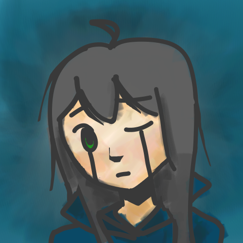 a rough digital sketch of an anime girl on a blue background. she has long black hair, green eyes, and is wearing a blue hoodie. one of her eyes is open and the other is closed. her face has lines drawn downwards below both eyes all the way to her chin. she has an overall neutral, blank expression but one of her eyebrows is slightly raised. the colors are roughly shaded in, bleeding out of their lines occasionally.