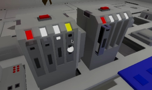 Two drive bays that can hold four drives each and status indicator lights for each drive bay. From left to right, the light colors are: red, white, white, yellow, red, white, white, white. The drives in the corresponding slots are: invalid, invalid, mounted, mounted, invalid, empty, empty, empty. Invalid drives are not mounted all the way. Strangely, the light colors do not appear to correspond to the state of the drive bay.