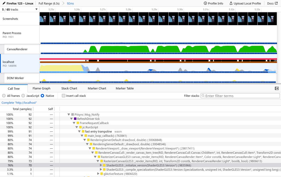 A picture of the firefox performance debugger at the moment of the lag spike. It shows the canvas renderer waiting on the native code, which is busy calling GL functions to compile a shader.