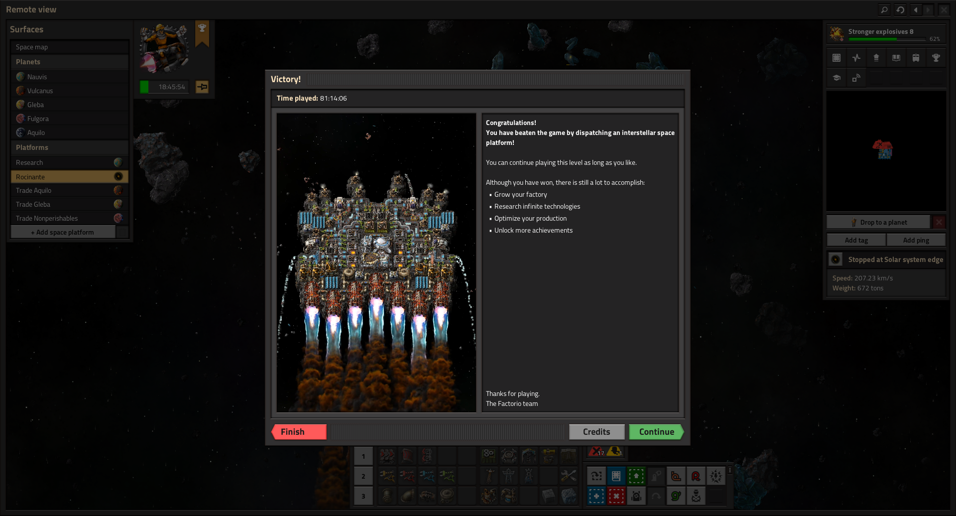 A screenshot of the victory screen for Factorio: Space Age, which shows the completion time as 81 hours, 14 minutes, and 6 seconds. 1