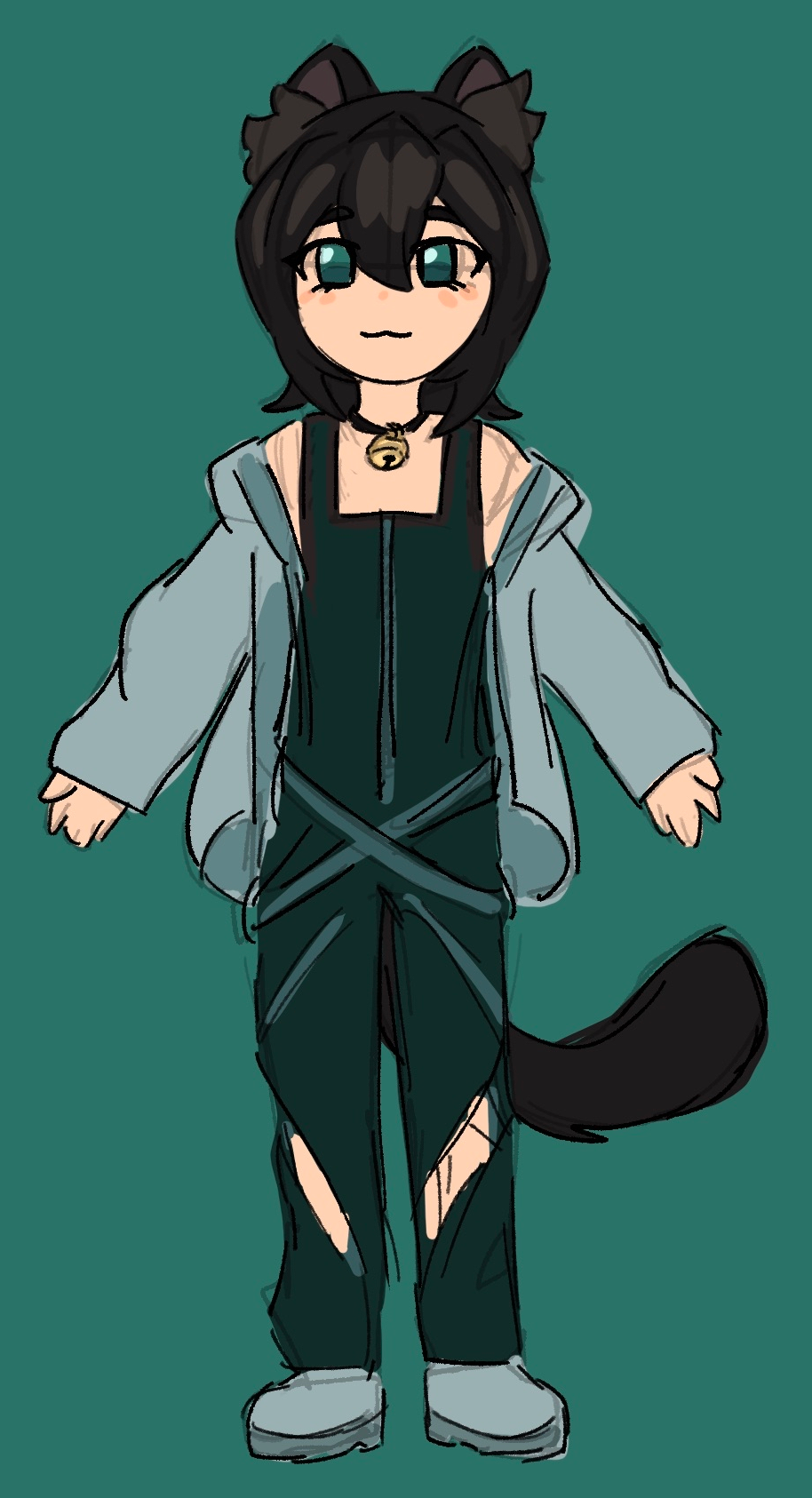 An anime-style drawing. On a sea green background, exodrifter is wearing a choker with a bell on it, a baggy sweater, and techwear-style overalls.